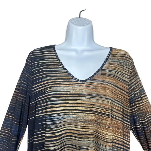Clara SunWoo L Stripe Tunic Top Brown Navy Stretch Knit 3/4 Sleeve Artsy - Picture 5 of 9